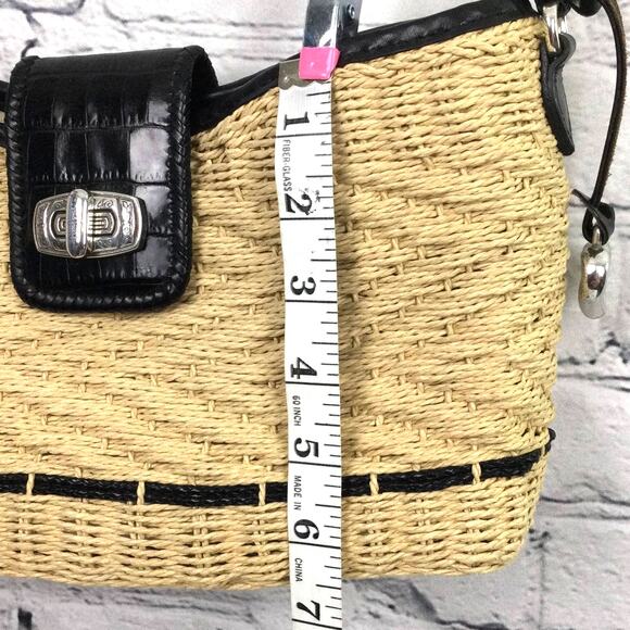 Brighton Cottagecore Cream Woven Straw Black Leather Braided Handle Baguette - Picture 14 of 16